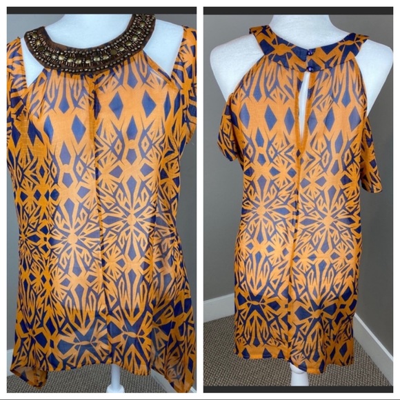 Arden B Tops - ARDEN B COLD SHOULDER GEOPRINT EMBELLISHED BLOUSE